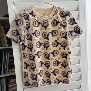 Tory Burch Beige and Navy Embroidered Top